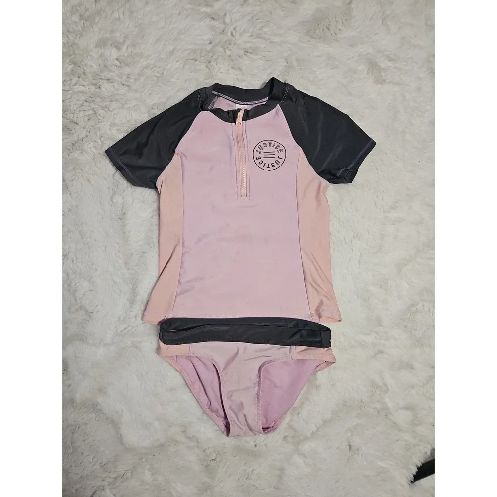 Justice Girls Swimsuit Lot Size M 10 Rash Guard Bikini 4 Pc Athletic Pink Black